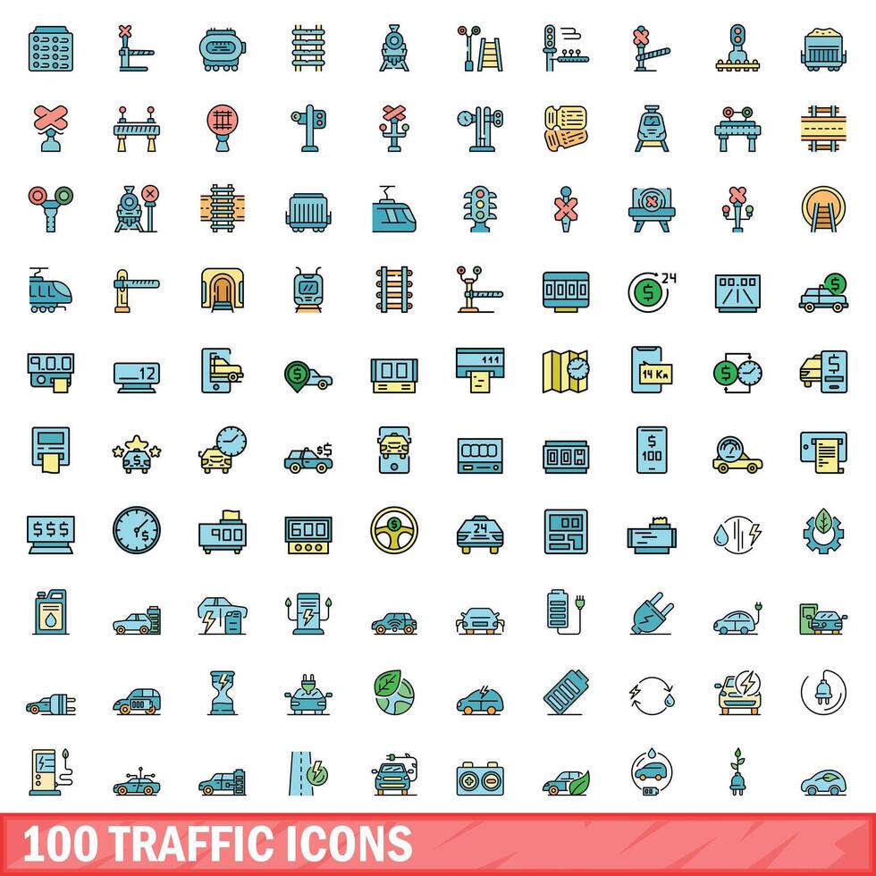 100 tráfego ícones definir, cor linha estilo vetor