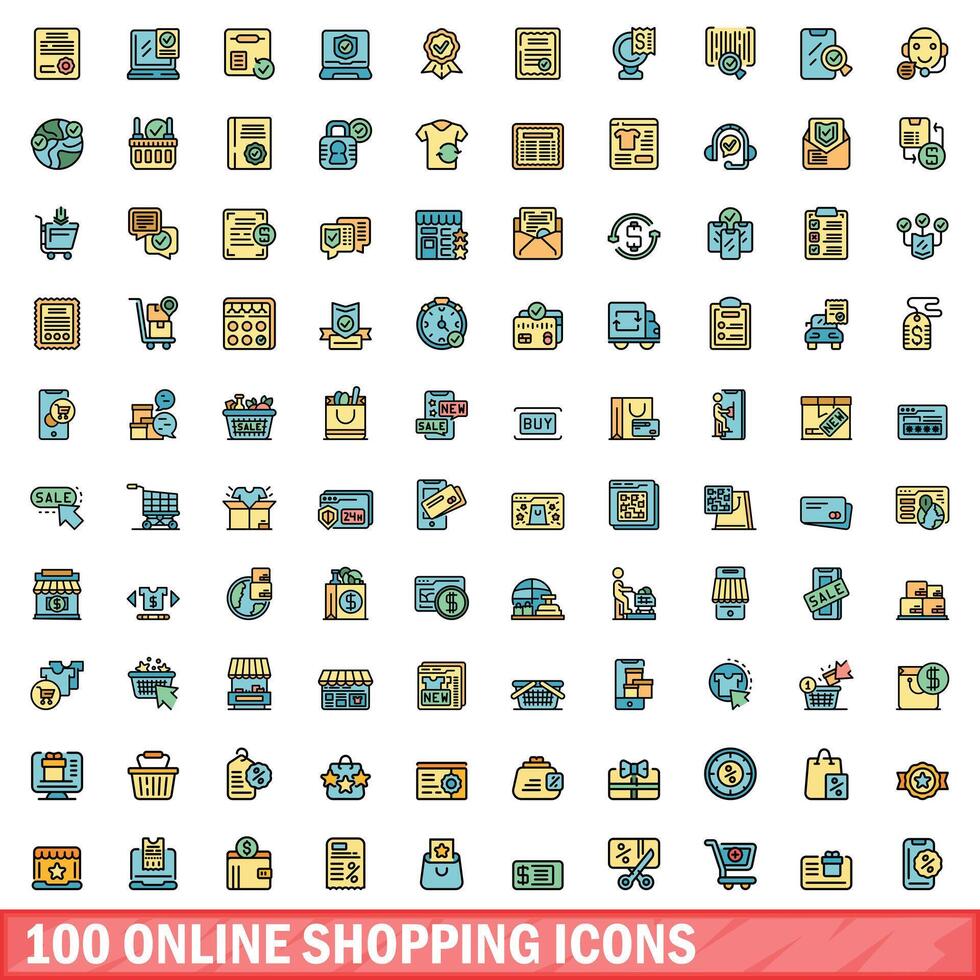 100 conectados compras ícones definir, cor linha estilo vetor