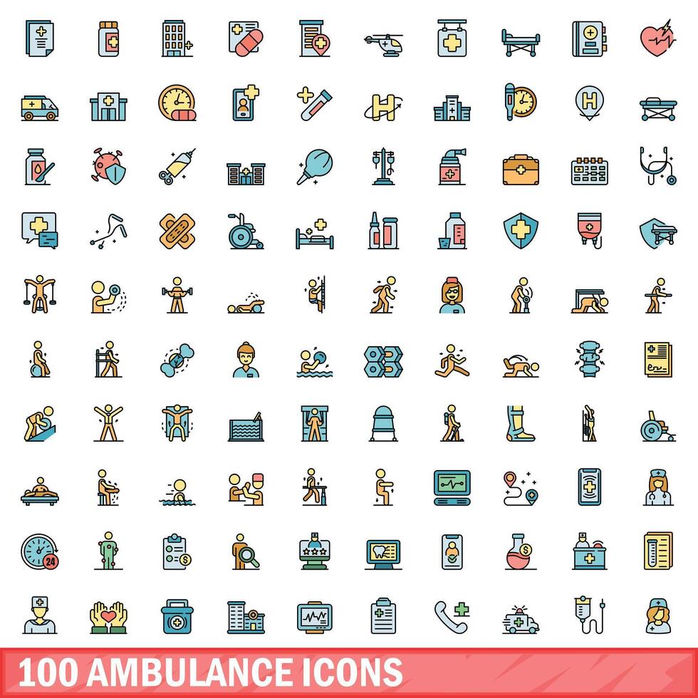 100 ambulância ícones definir, cor linha estilo vetor
