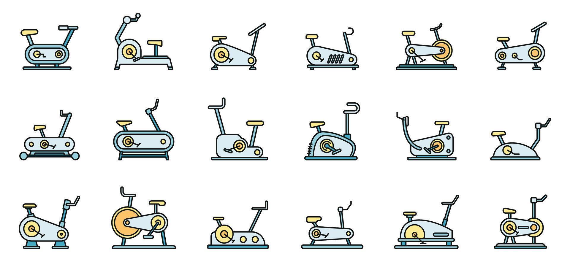 moderno exercício bicicleta ícones conjunto vetor cor linha