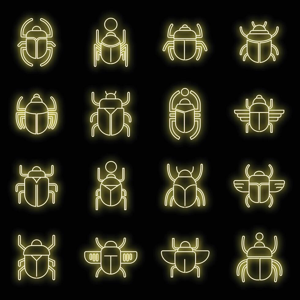 Egito escaravelho besouro ícones conjunto vetor néon