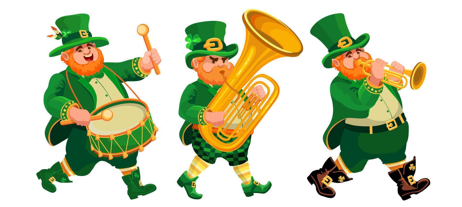 três engraçado músicos dentro duende figurinos. st. patricks dia. vetor. vetor