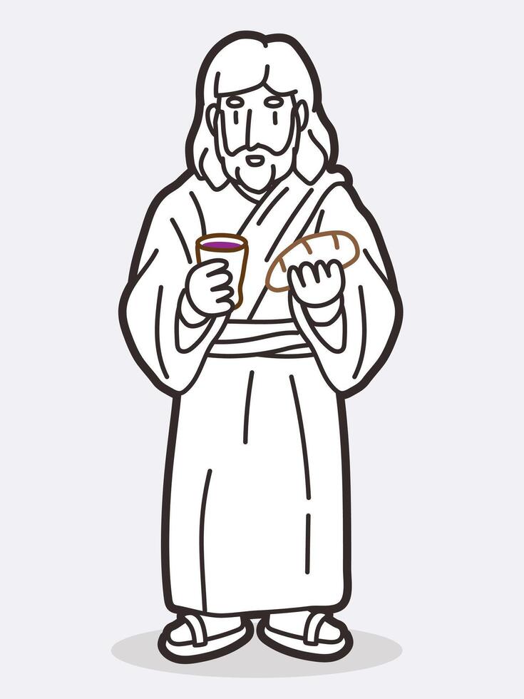 Jesus comemora piedosos comunhão com pão e vinho desenho animado gráfico vetor