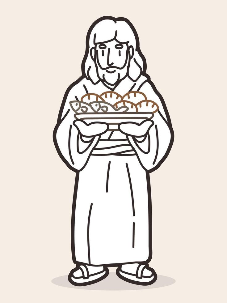 Jesus detém cinco pães e dois peixe desenho animado gráfico vetor