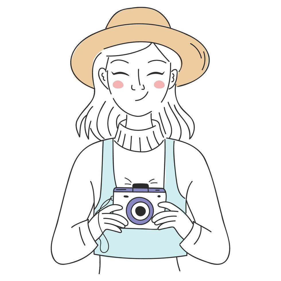 uma jovem turista menina dentro chapéu segurando uma Câmera dentro mãos e sorriso. vetor plano ilustração. desejo de viajar aventura conceito