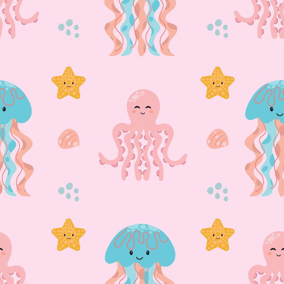 desatado padronizar com fofa desenho animado medusa e polvo. vetor ilustração.