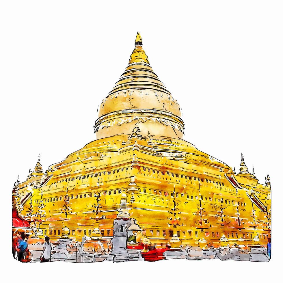 pagode yangoon myanmar aguarela mão desenhado ilustração isolado em branco fundo vetor