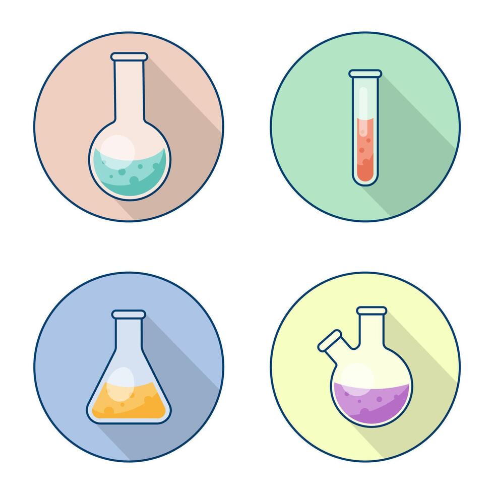 químico teste tubo e volta frasco, laboratório artigos de vidro com líquido. ilustração com uma grandes sombra. pesquisar, científico experimentar, química lição. vetor