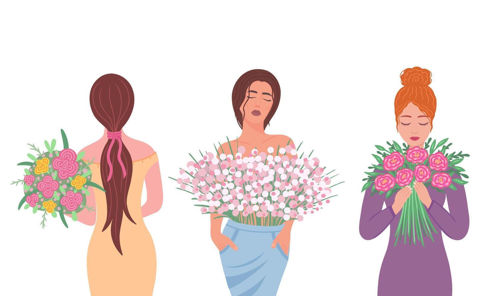 meninas com ramalhete do flores ilustração para impressão, fundos, cobre e embalagem. imagem pode estar usava para cumprimento cartões, cartazes, adesivos e têxtil. isolado em branco fundo. vetor