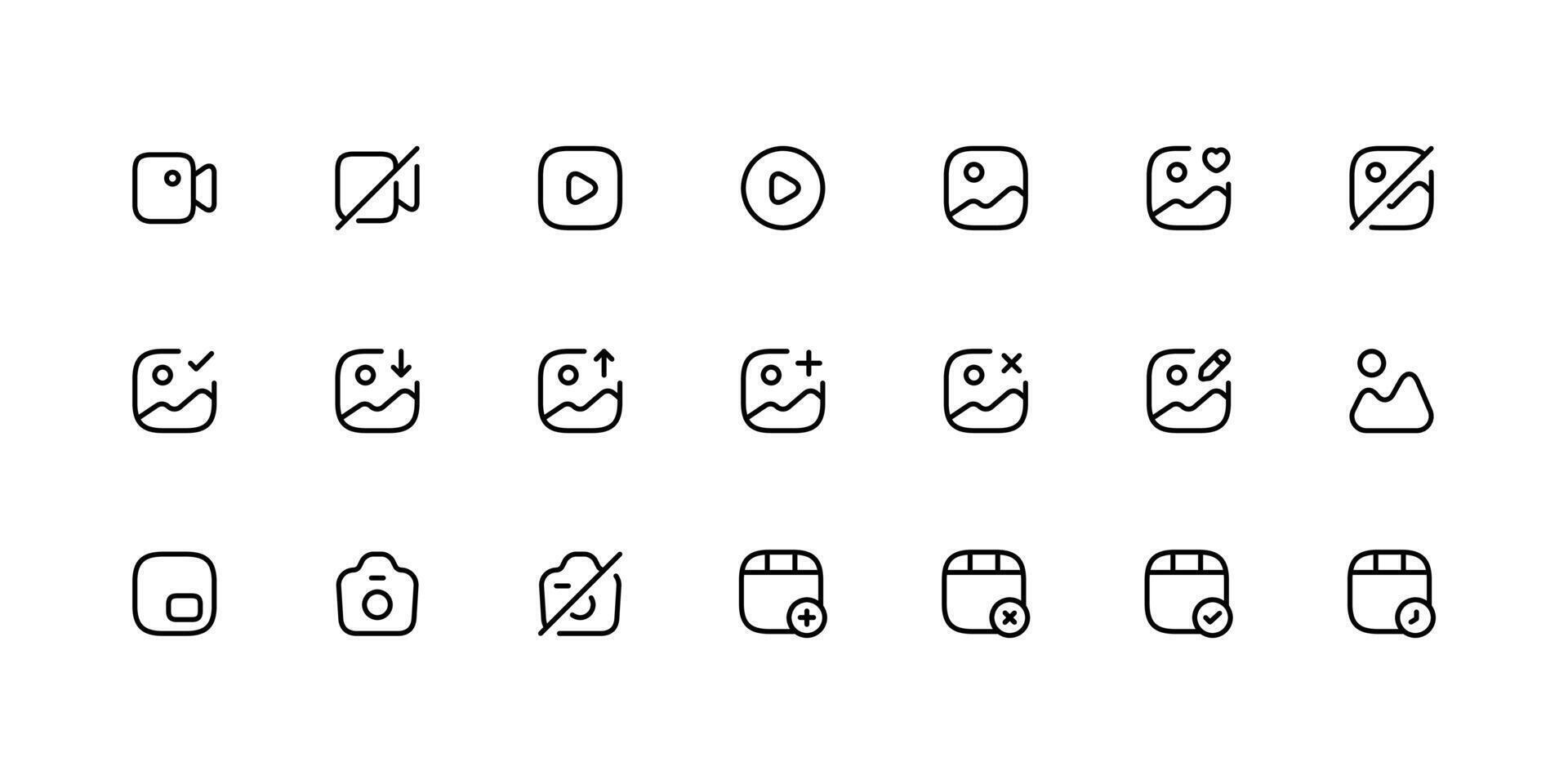 galeria conjunto do imagens e videos vetor linha ícones.