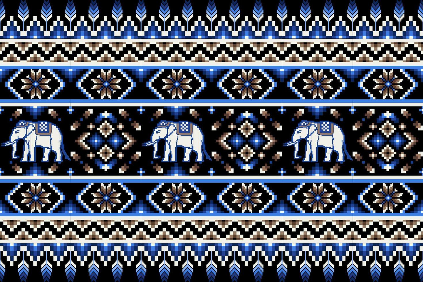 étnico tailandês elefante com azul tom desatado padronizar em Preto fundo. pixel arte vetor Projeto para tecido, tapete, telha, invólucro, bordado, papel de parede, e fundo