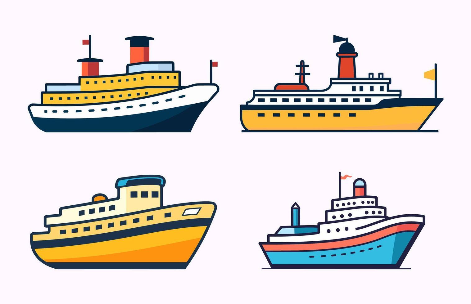 navio vetor ilustração definir, colorida traineira plano ícone agrupar