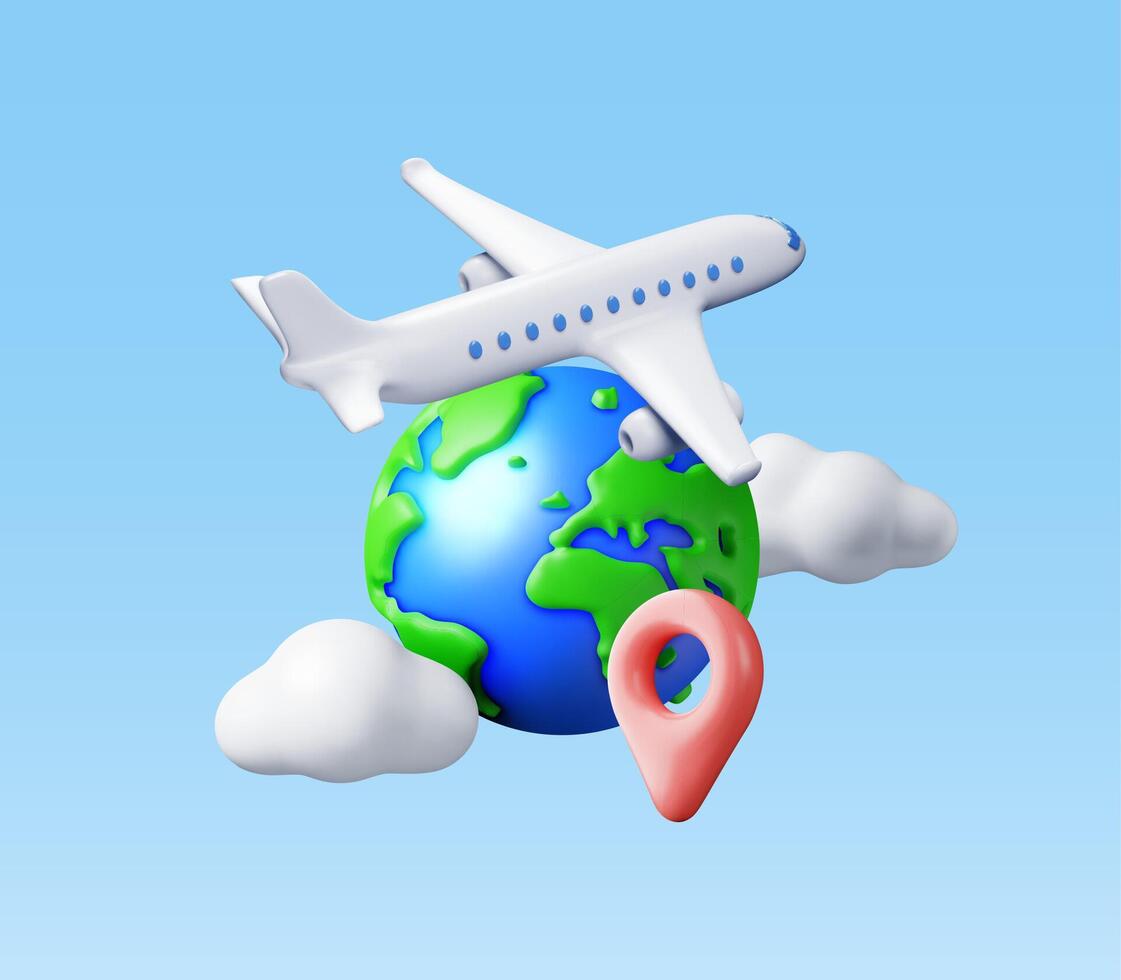 3d avião dentro nuvens e globo isolado. render mundo viajando de avião. mundo mapa com localização alfinete. Tempo para viagem conceito, feriado planejamento. turista no mundo todo transporte. vetor ilustração