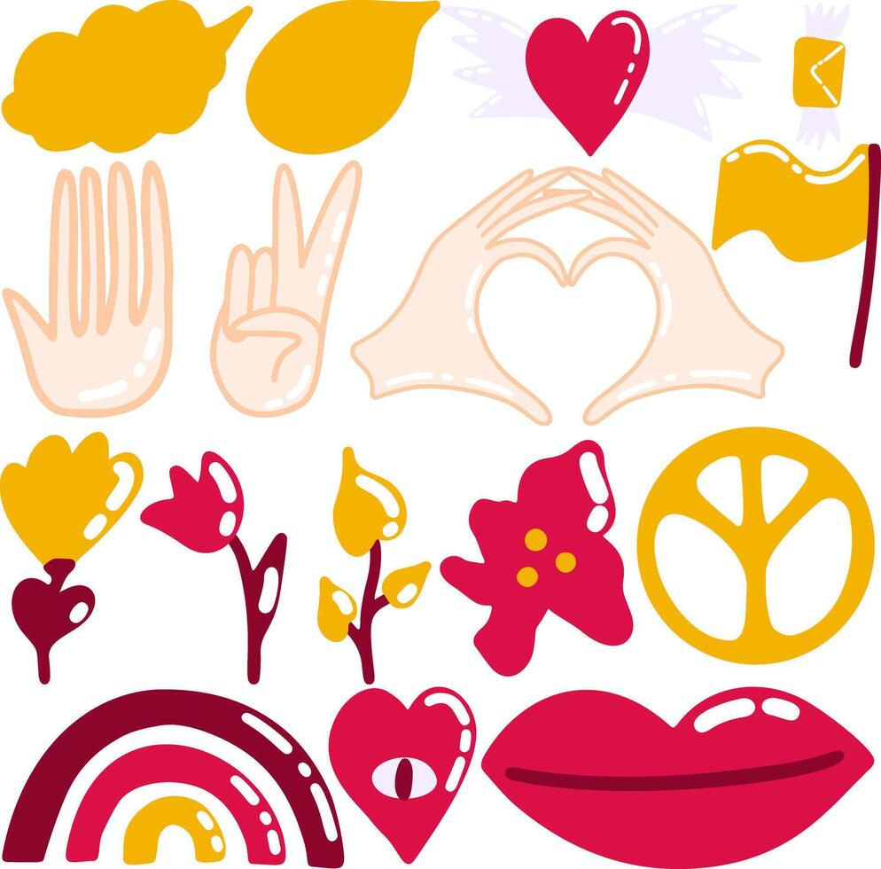 groovy hippie Anos 70 definir. engraçado desenho animado flor, arco-íris, paz, amor, coração. adesivo pacote dentro na moda retro psicodélico desenho animado estilo vetor