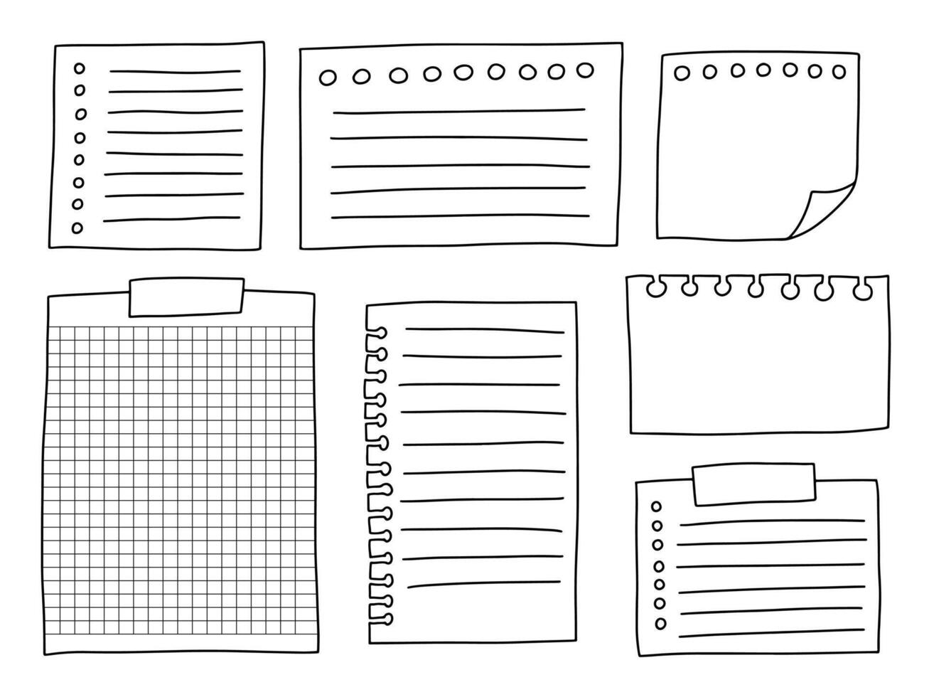 conjunto do mão desenhado memorando papel folhas e pegajoso notas. rabisco esboço papel em branco notas vetor conjunto