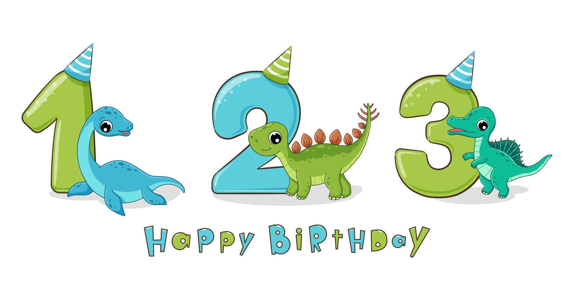 fofa dinossauro aniversário festa com números 1, 2, 3. primeiro, segundo e terceiro aniversário. vetor