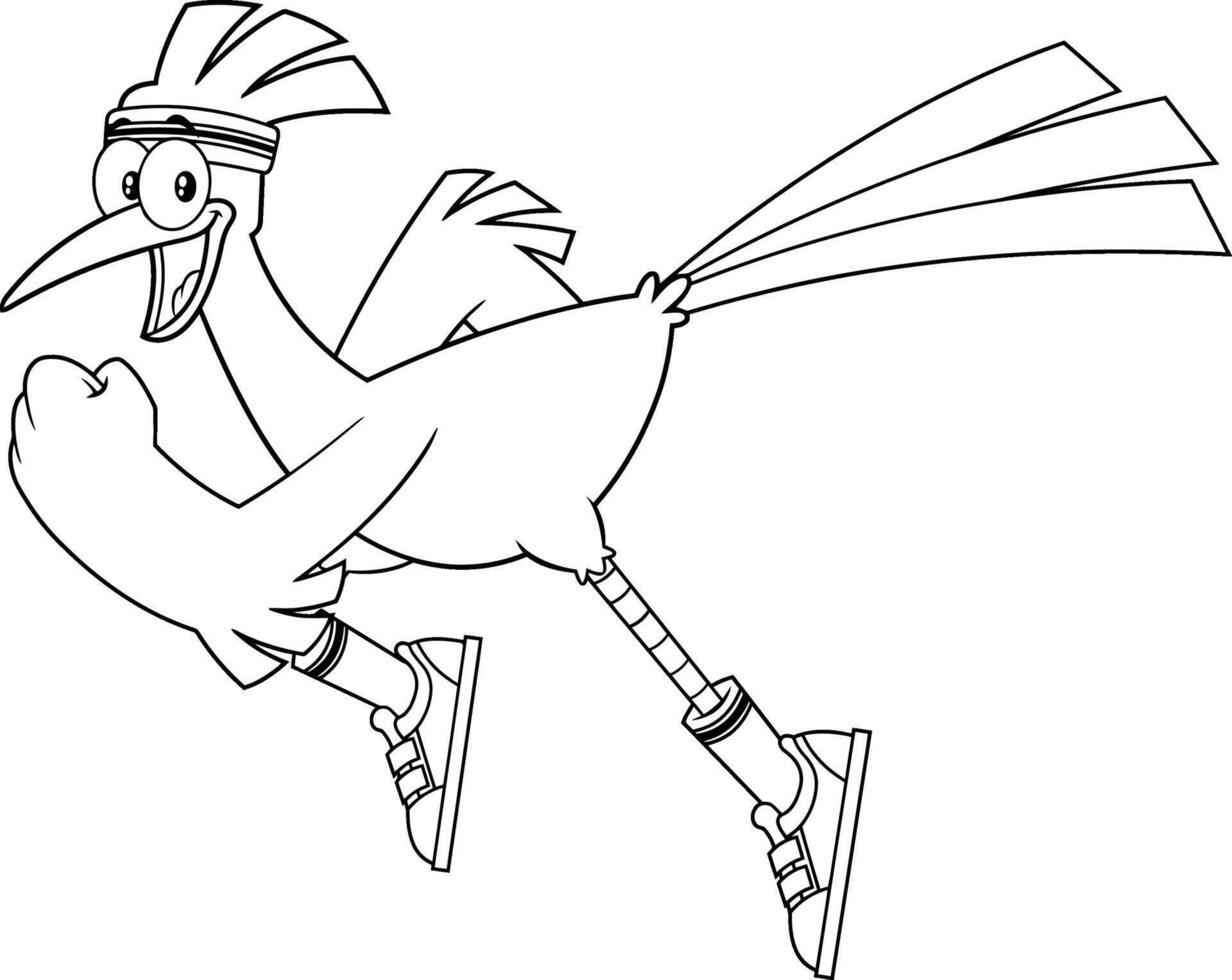 Preto e branco corredor pássaro desenho animado personagem corrida. vetor ilustração isolado em branco fundo