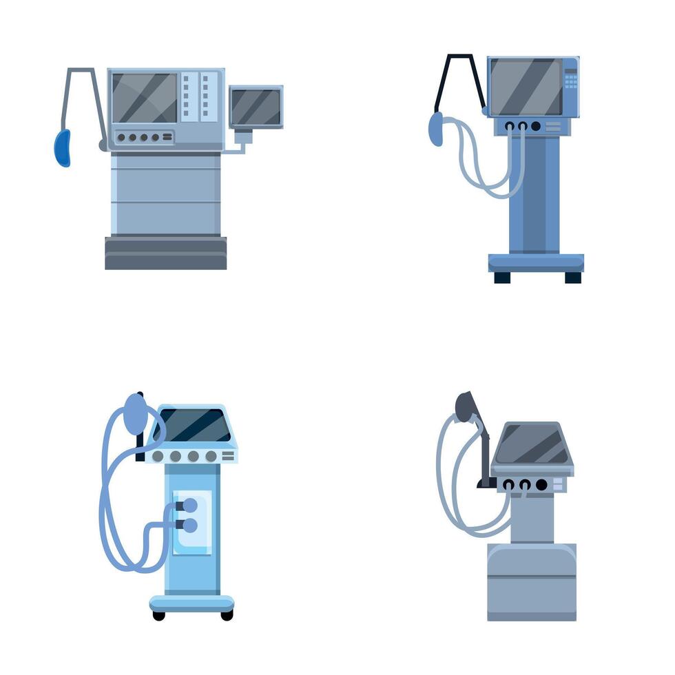 médico ventilador ícones conjunto desenho animado vetor. equipamento para pulmão ventilação vetor