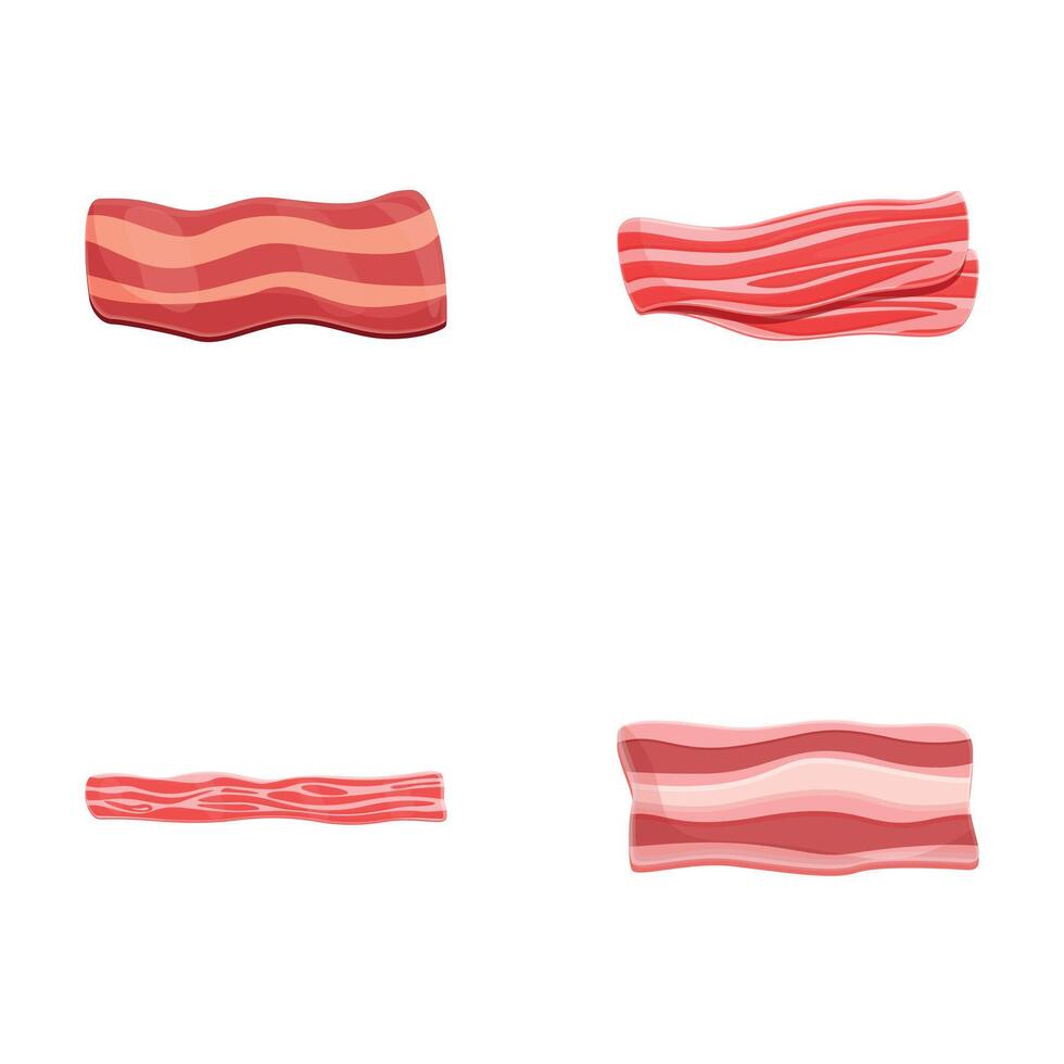 frito bacon ícones conjunto desenho animado vetor. quatro faixa do frito crocantes bacon vetor