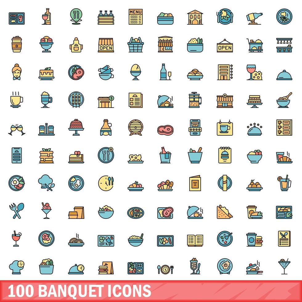 100 banquete ícones definir, cor linha estilo vetor