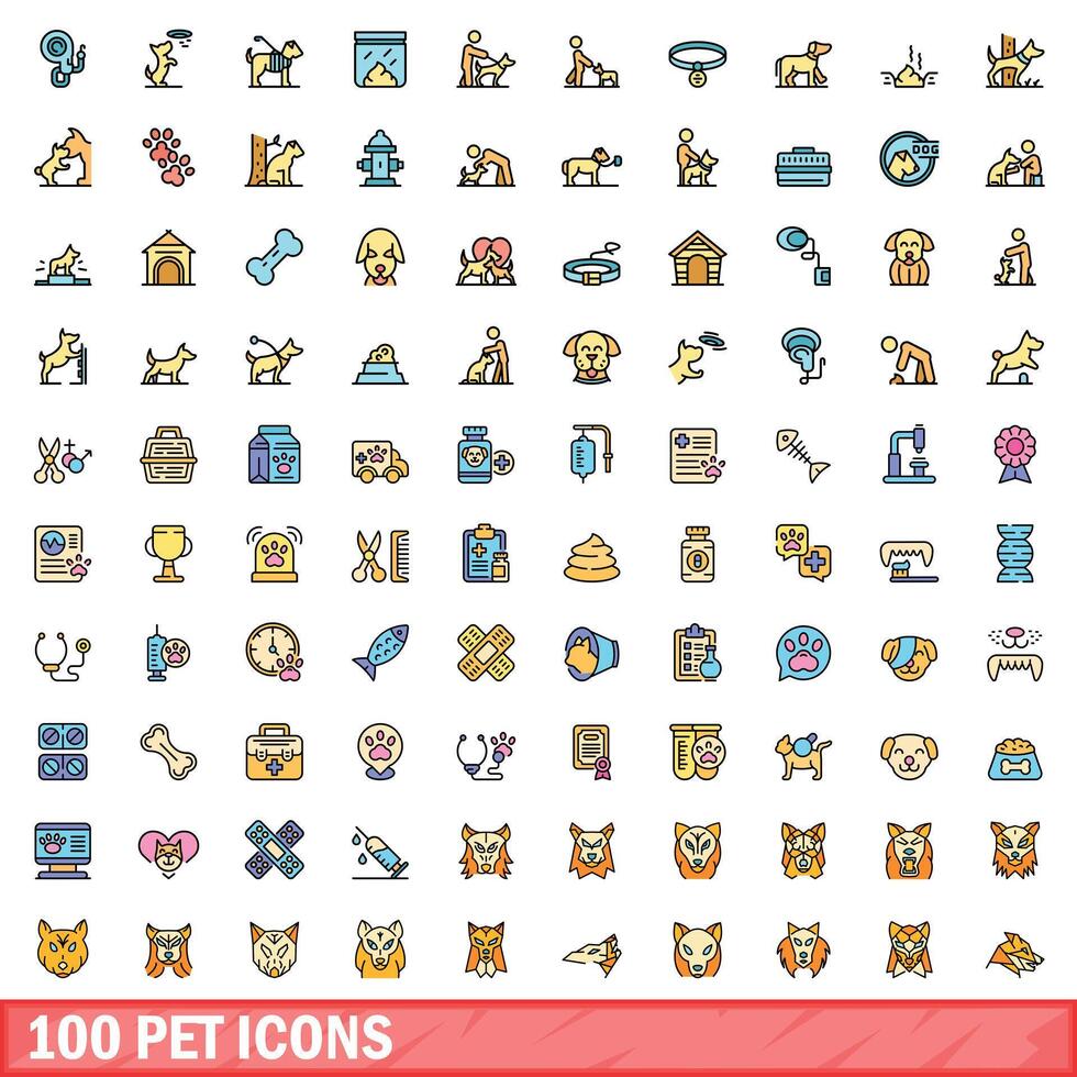 100 animal ícones definir, cor linha estilo vetor