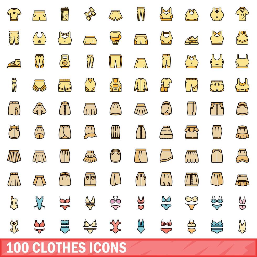 100 roupas ícones definir, cor linha estilo vetor