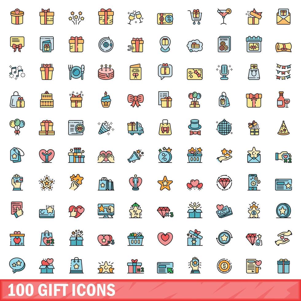 100 presente ícones definir, cor linha estilo vetor