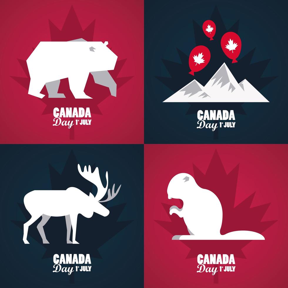 pôster de celebração do dia do Canadá primeiro de julho com montanhas e animais vetor