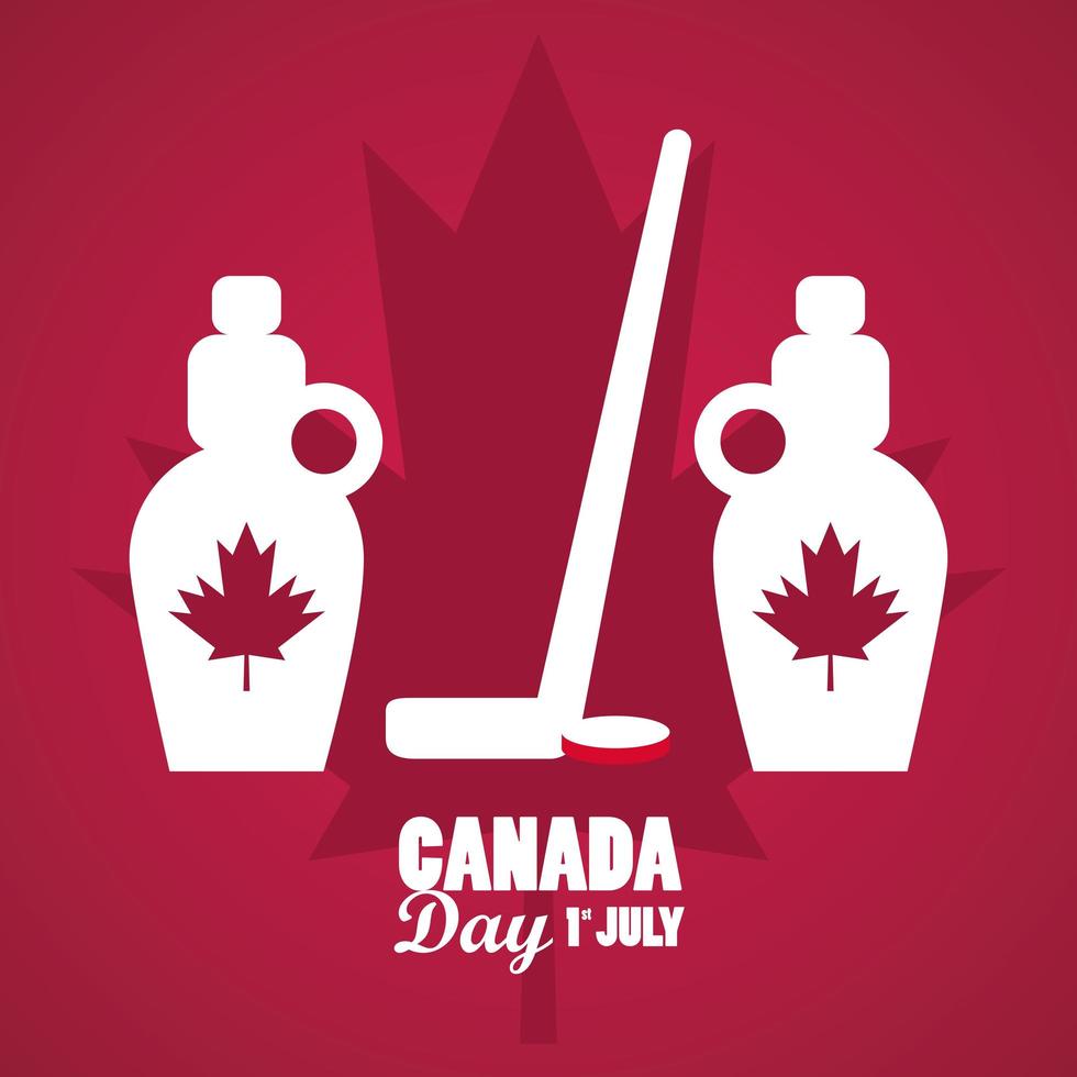 pôster de celebração do dia do Canadá primeiro de julho com garrafas de xarope de bordo vetor