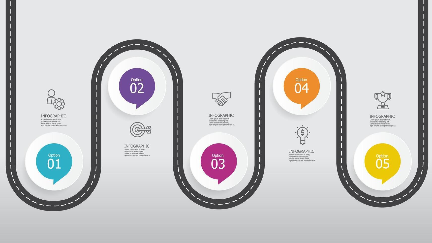 volta círculo passos Linha do tempo infográfico elemento relatório fundo com o negócio linha ícone 5 passos vetor