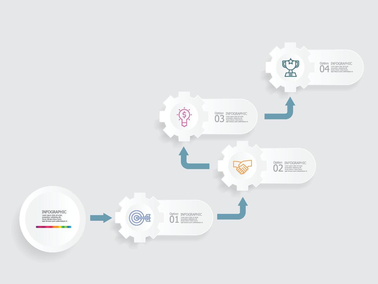 horizontal roda dentada engrenagem roda passos Linha do tempo infográfico elemento relatório fundo com o negócio linha ícone 4 passos vetor