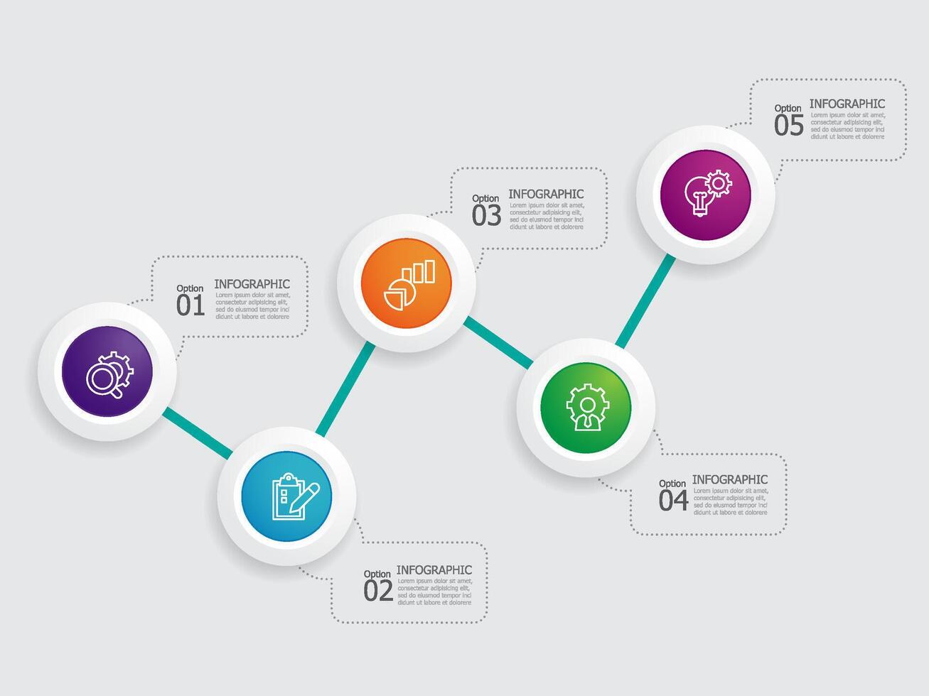 horizontal volta círculo passos Linha do tempo infográfico elemento relatório fundo com o negócio linha ícone 5 passos para qualquer relacionado aos negócios apresentação ou publicação vetor