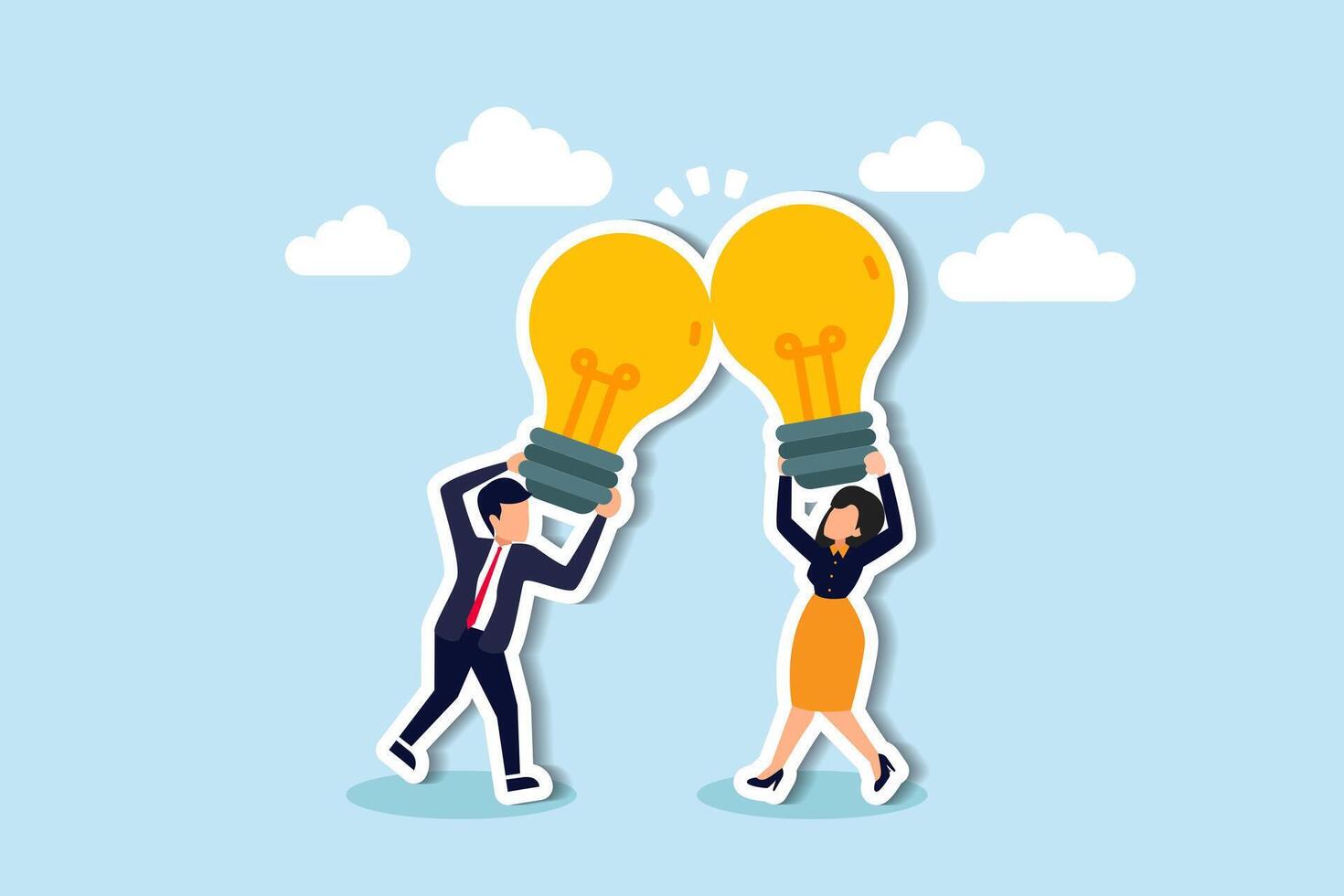 fundir Ideias, sinergizar ou colaborar para soluções, chuva de ideias, trabalho em equipe ou conjuntamente inovar para ótimo Ideias conceito, homem de negocios, empresária Junte-se ou combinar lâmpada idéia para melhor resultado. vetor