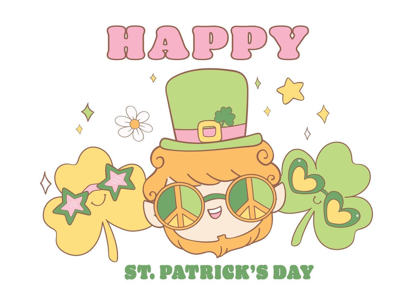 groovy st patrick's dia, feliz duende face e trevo folhas trevo desenho animado rabisco desenho. vetor