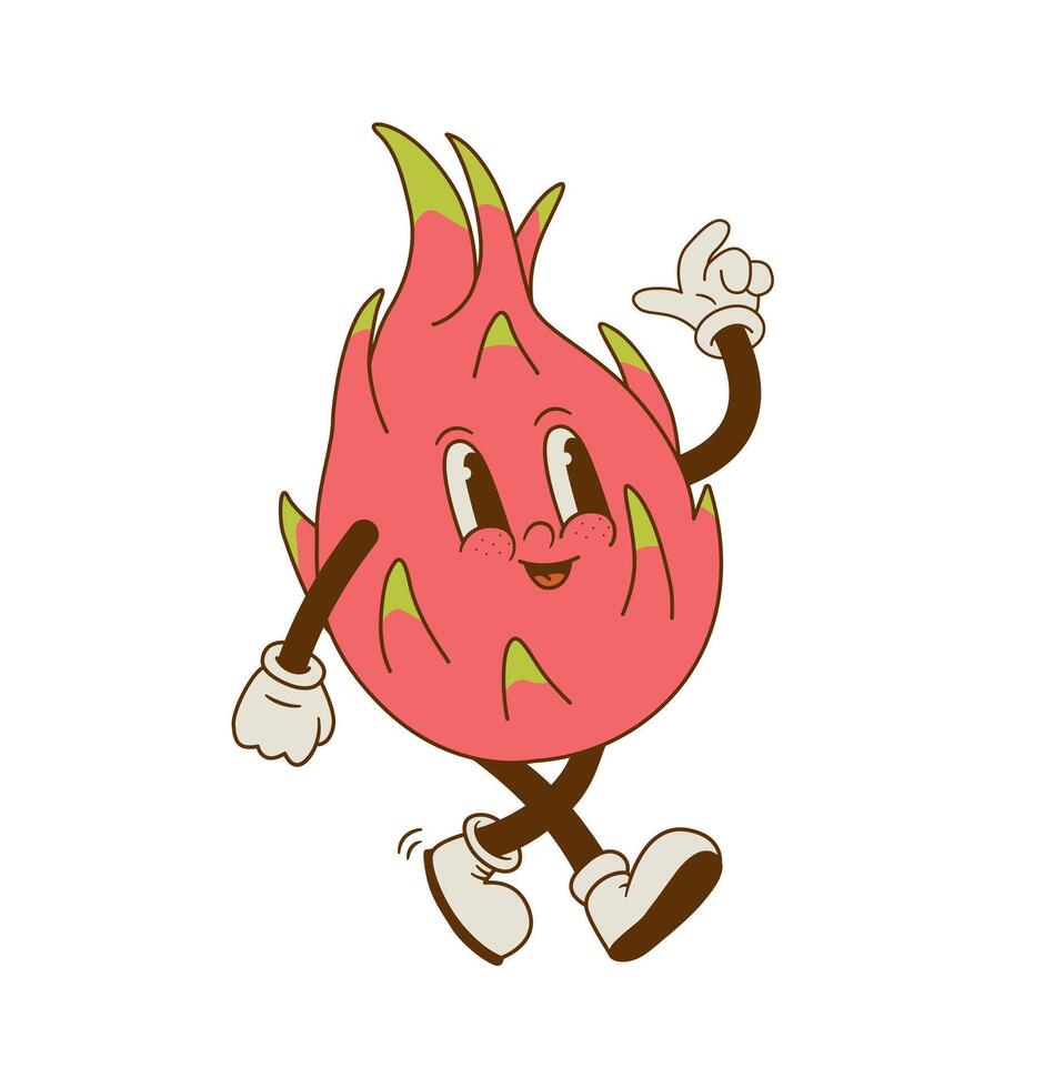 vintage mascote do Dragão fruta isolado em branco fundo. engraçado retro desenho animado tropical frutas personagem vetor ilustração. pitaya dentro groovy estilo. saudável vegano Comida