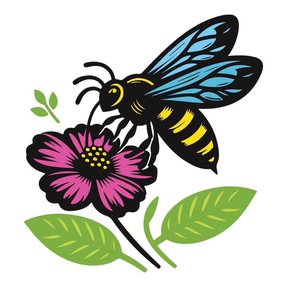 fofa amigáveis abelha. margarida flor com fofa abelha. desenho animado feliz vôo abelha com grande tipo olhos. inseto personagem. vetor isolado em branco