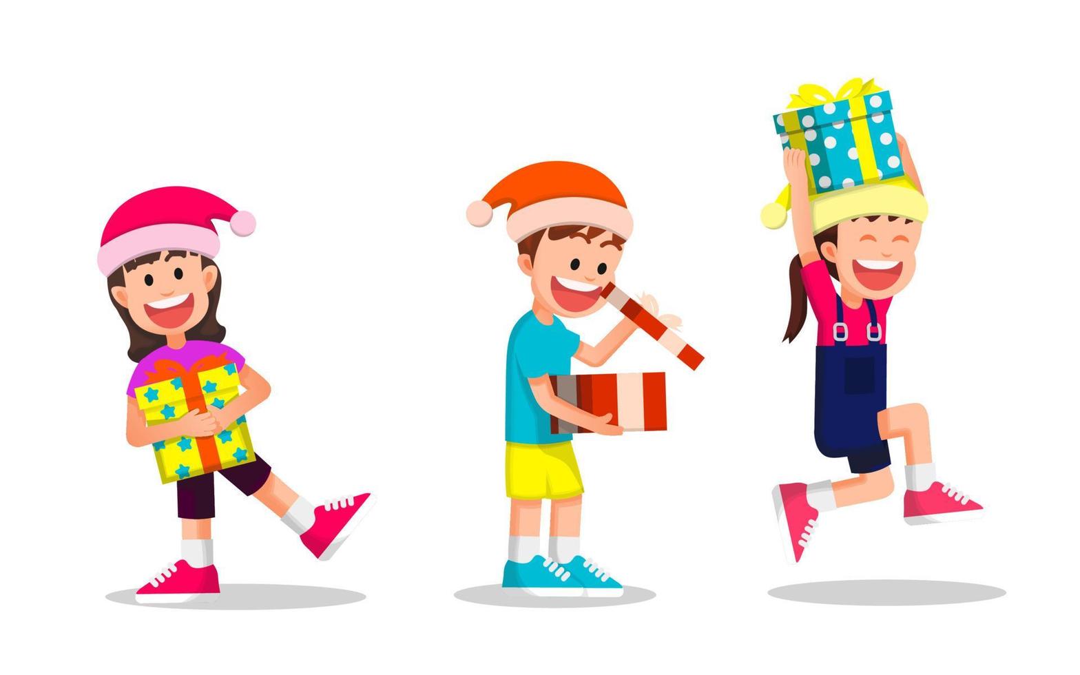 as crianças com chapéus de natal ficam muito felizes por ter seus próprios presentes vetor