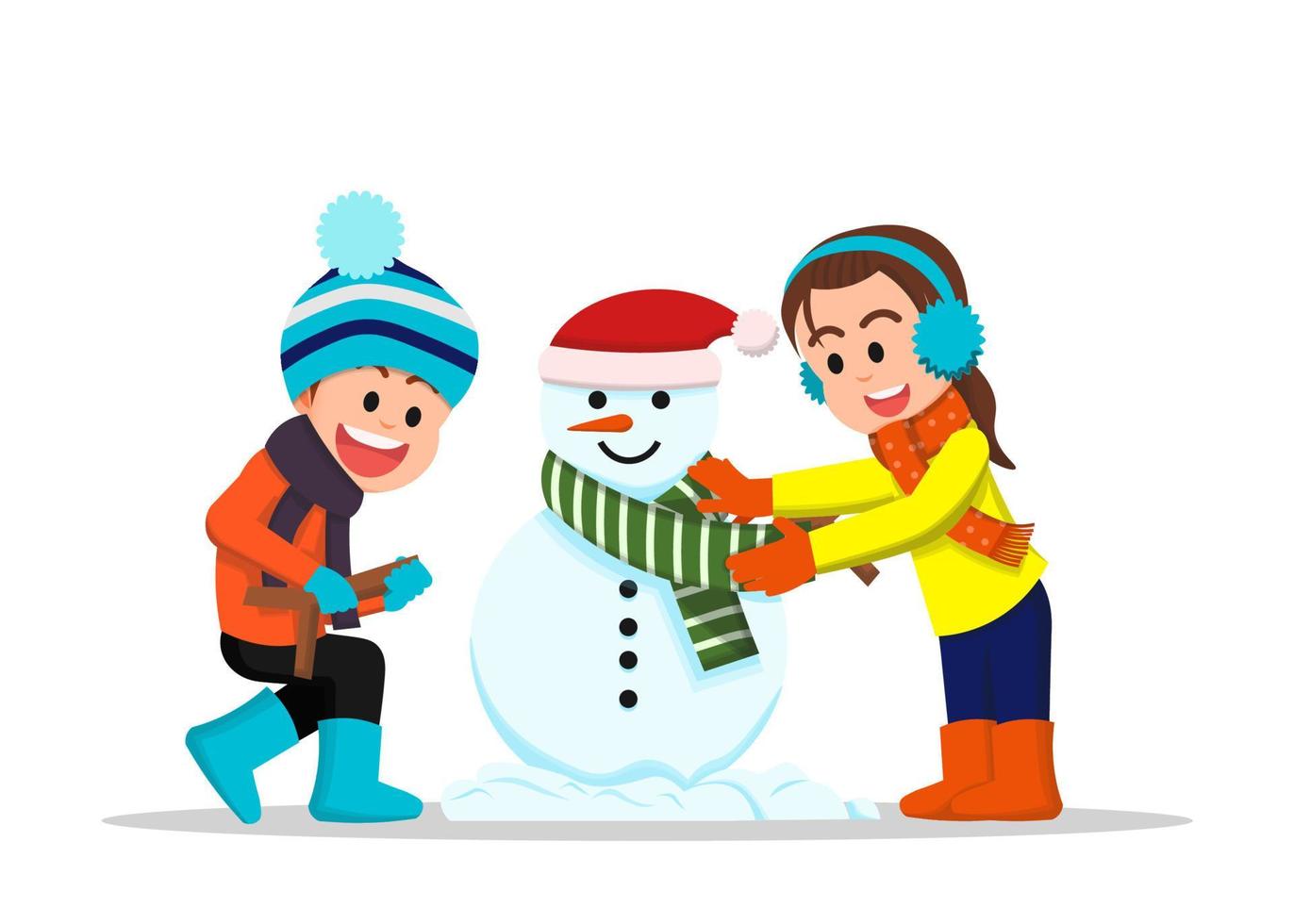 menino e menina estão fazendo um boneco de neve juntos vetor
