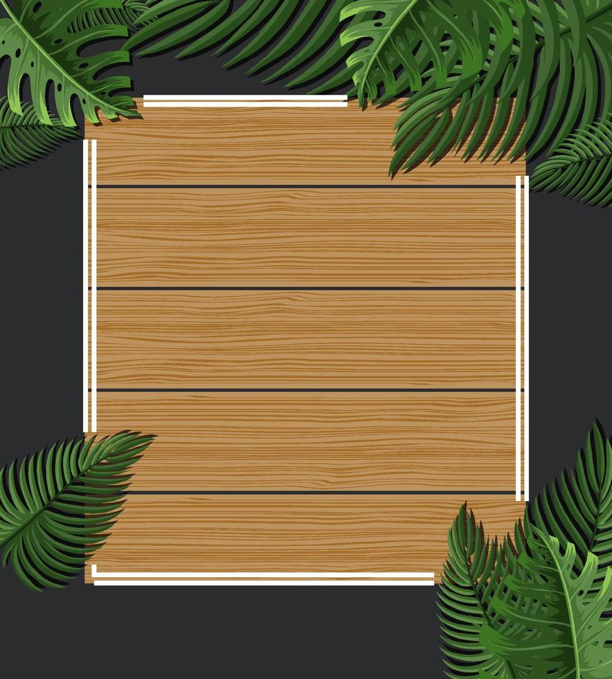 tabuleiro quadrado de madeira com folhas verdes tropicais vetor