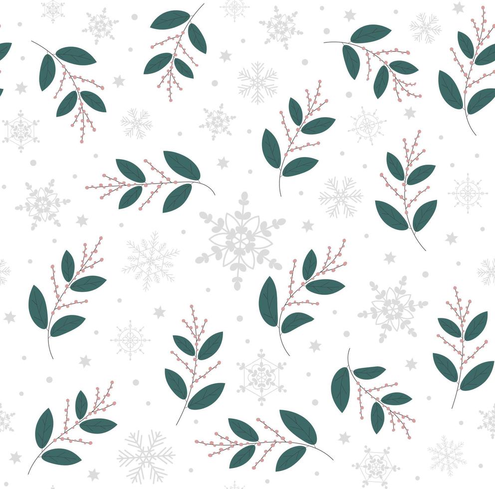 padrão de vetor sem costura Natal com ramos ilex e flocos de neve em fundo branco.