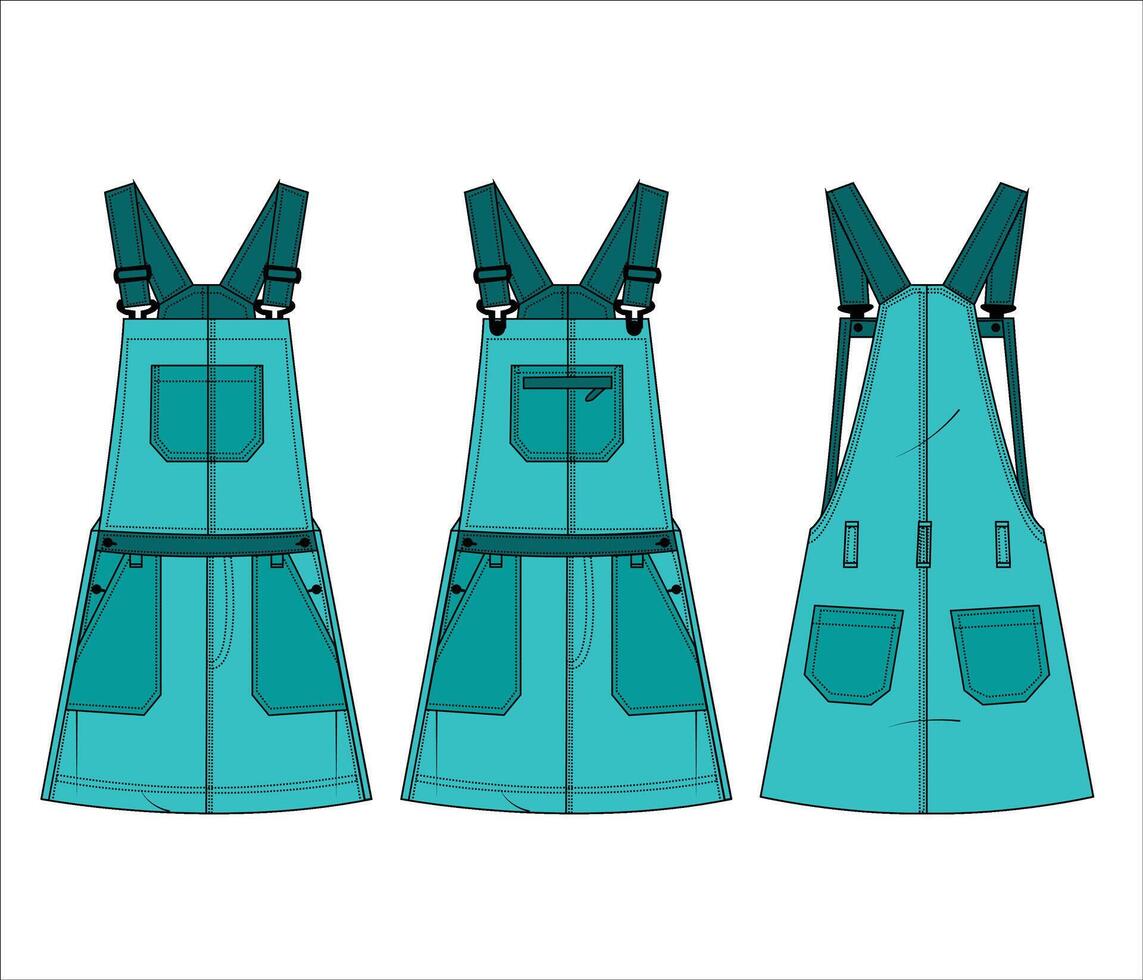 Dungaree vestir técnico moda ilustração mini vestir moda plano técnico desenhando modelo vetor