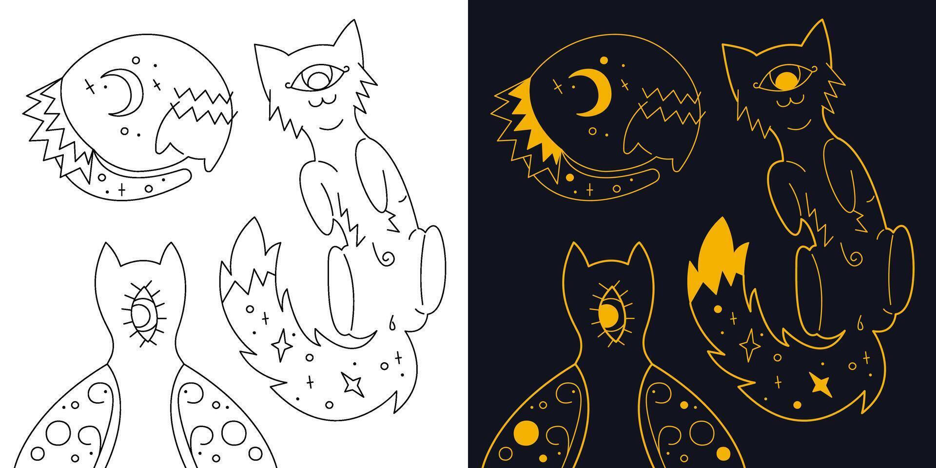 fofa místico gatos Como floresta animais. bicolor e Preto e branco esboço vetor ilustração.