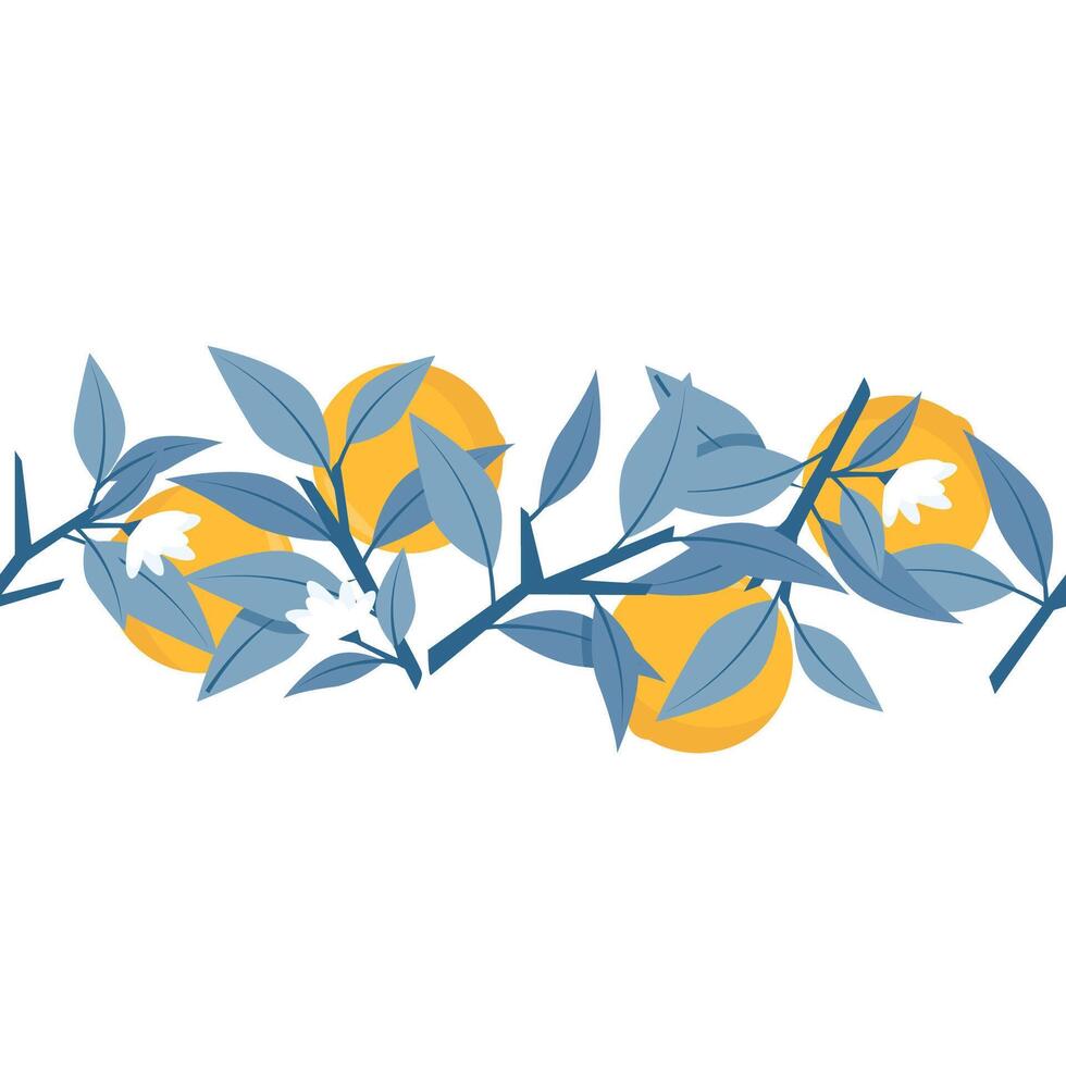 desatado fronteira do laranja e azul galhos com folhas e branco flores vetor