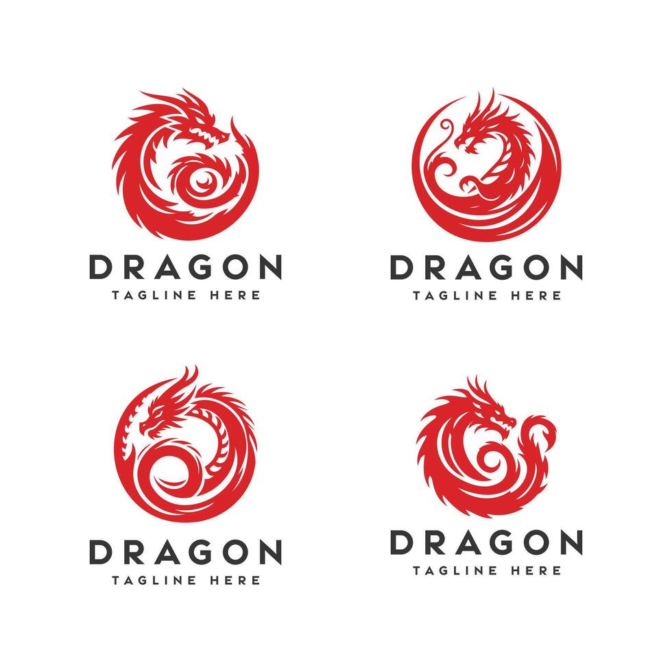 conjunto do quatro estilizado vermelho Dragão logotipos com espaço reservado texto vetor