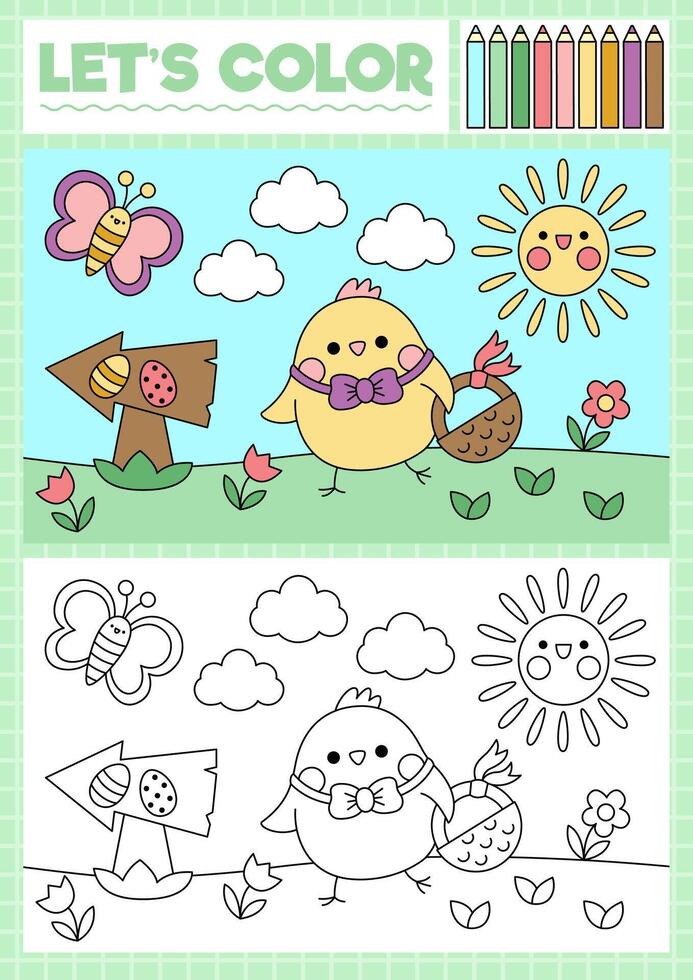 Páscoa coloração página para crianças com fofa kawaii pintinho indo em ovo caçar. vetor Primavera feriado esboço ilustração. cor livro para crianças com colori exemplo. desenhando Habilidades imprimível planilha