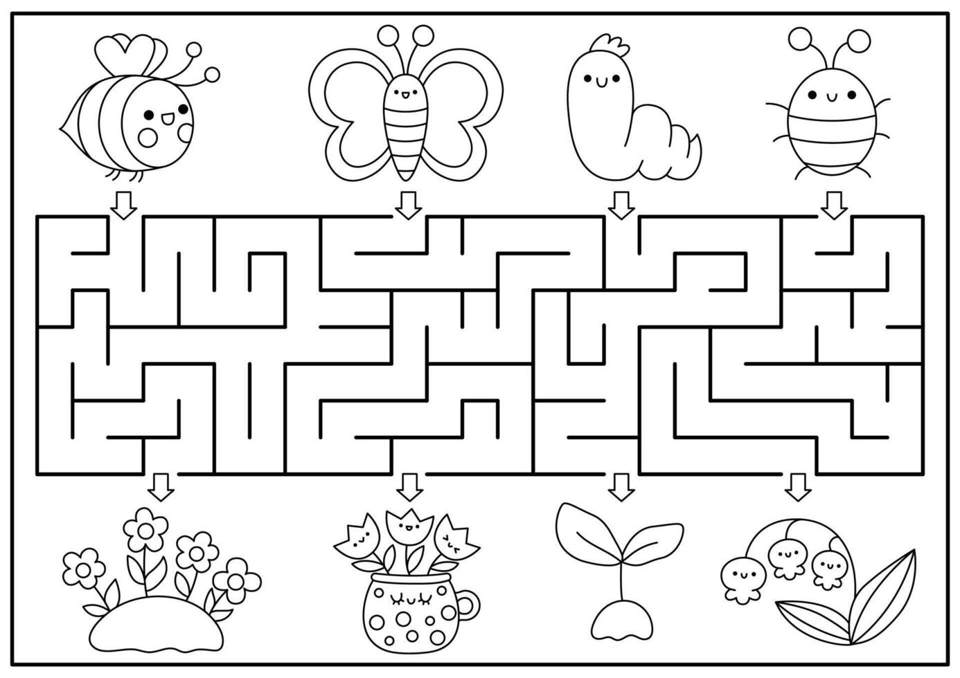 Primavera Preto e branco Labirinto para crianças. jardim geométrico pré escola imprimível atividade com kawaii insetos, flores Páscoa feriado labirinto jogos ou coloração página com fofa abelha vetor