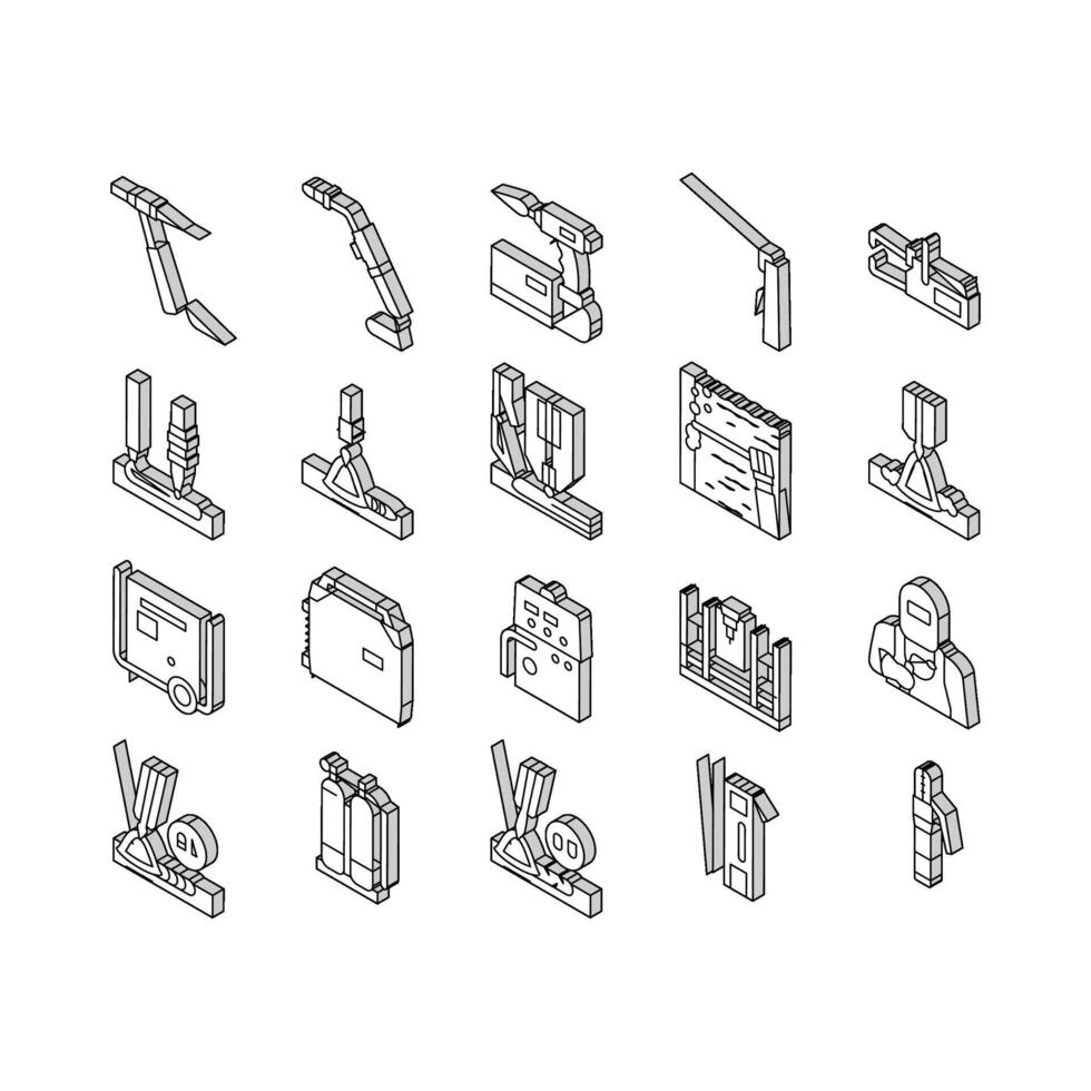 Soldagem máquina ferramenta coleção isométrico ícones conjunto vetor