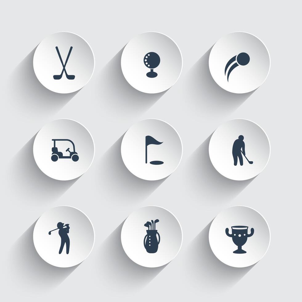 golfe ícones, golfe clubes, golfe jogador, jogador de golfe, golfe bolsa, pictogramas, ícones em volta 3d formas, vetor ilustração