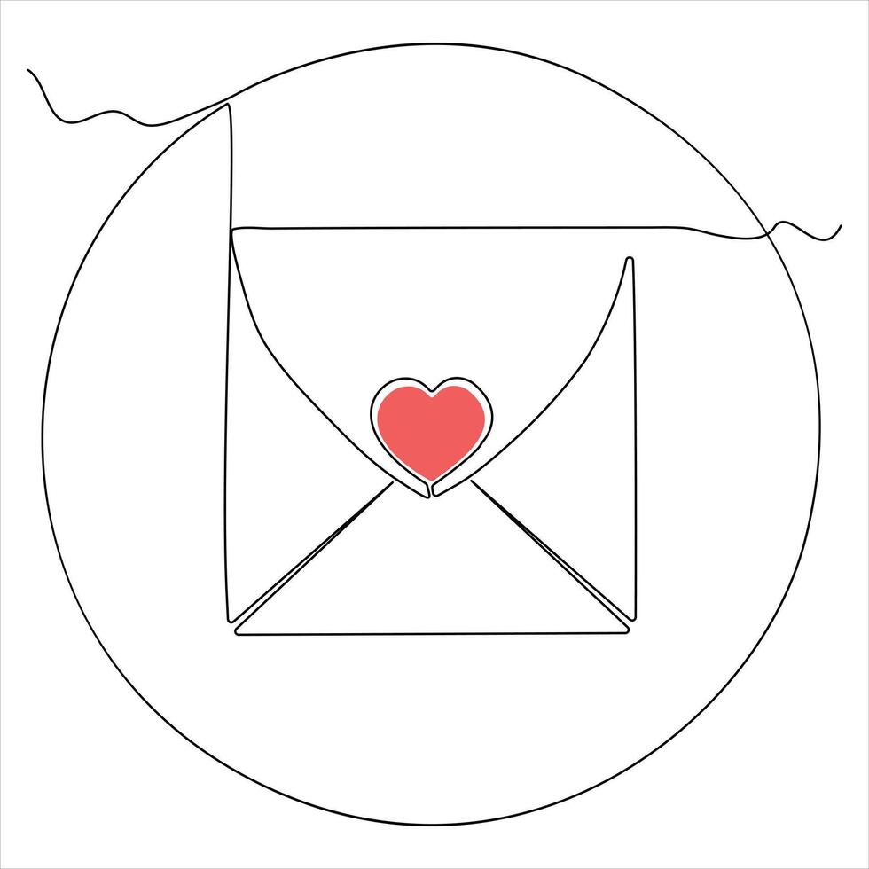 solteiro linha contínuo desenhando do envelope com vermelho coração e amor carta.modelo para convites e amor cartões esboço vetor ilustração