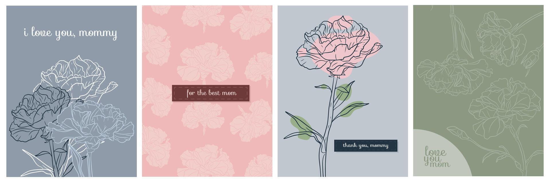 cartazes cartões para mãe dia. cravo flores e Parabéns para mães. coleção do cartões com linear flores cravos, estético minimalismo, vetor